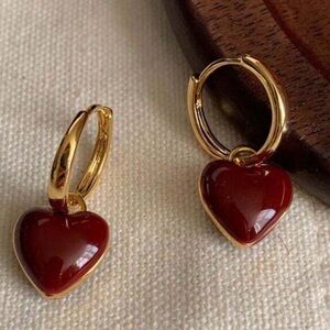 Vintage Chic Stainless Steel 18k Plated Red Heart Hoop Earrings